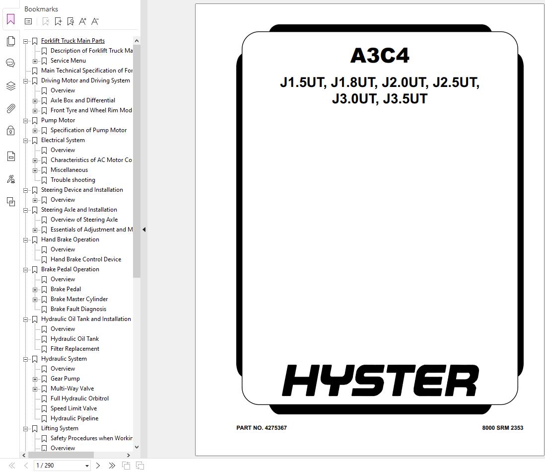 Hyster Forklift J1.5UT to J3.5UT A3C4 Service Manual 4275367 2024 1