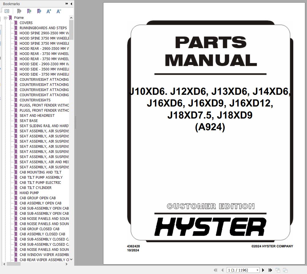 Hyster Forklift J10XD6 to J18XD9 A924 Parts Manual 4362428 2024 1