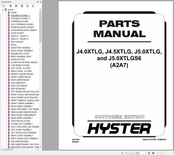 Hyster Forklift J4.0XTLG J4.5XTLG J5.0XTLG J5.0XTLGS6 A2A7 Parts Manual 4387526 2025 1