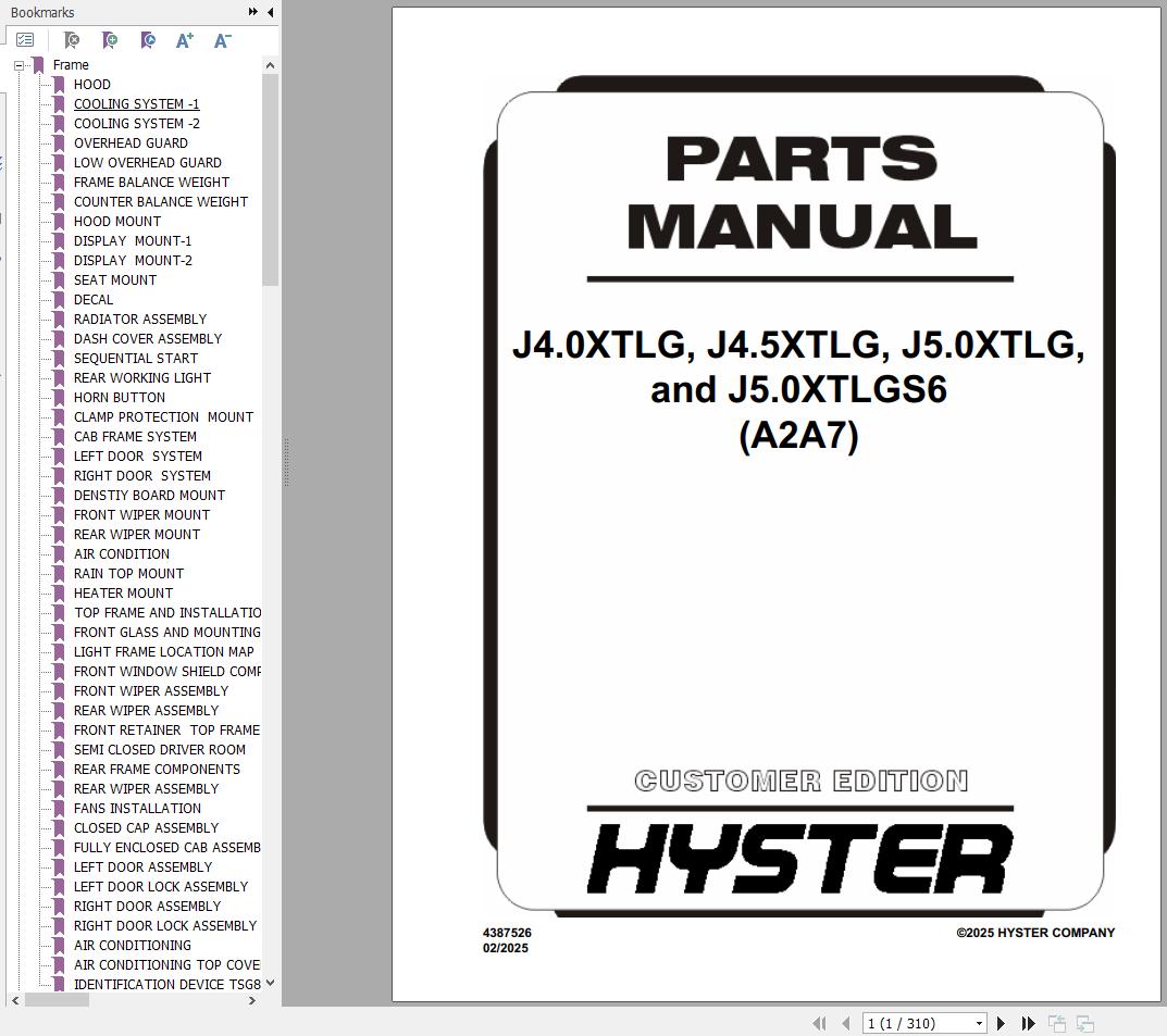 Hyster Forklift J4.0XTLG J4.5XTLG J5.0XTLG J5.0XTLGS6 A2A7 Parts Manual 4387526 2025 1