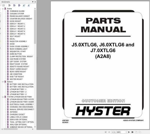Hyster Forklift J5.0XTLG6 J6.0XTLG6 J7.0XTLG6 A2A8 Parts Manual 4387693 2025 1