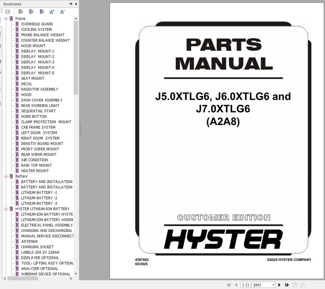Hyster Forklift J5.0XTLG6 J6.0XTLG6 J7.0XTLG6 A2A8 Parts Manual 4387693 2025 1