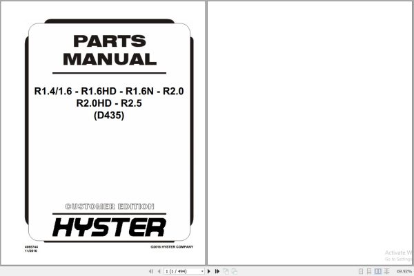 Hyster Forklift R1.4 to R2.5 D435 Parts Manual 4065744 2016 1