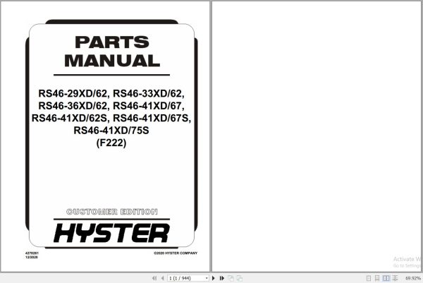 Hyster Forklift RS46 29XD 62 to RS46 41XD 75S F222 Parts Manual 4278261 2020 1