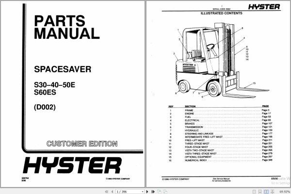 Hyster Forklift SPACESAVER S30E S40E S50E S60ES D002 Parts Manual 99764 1996 1
