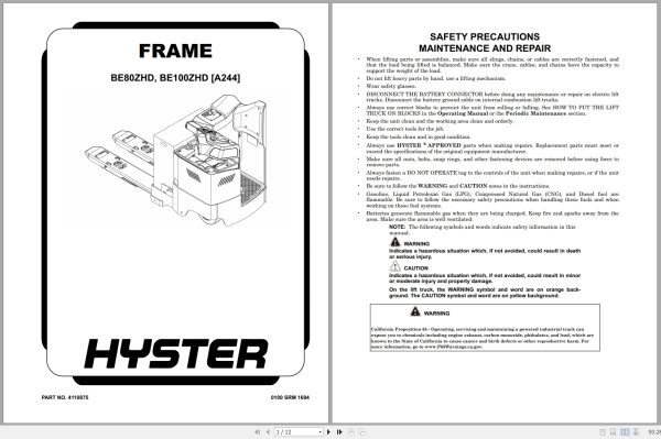 Hyster Forklift Truck BE80ZHD BE100ZHD A244 Service Manual 1
