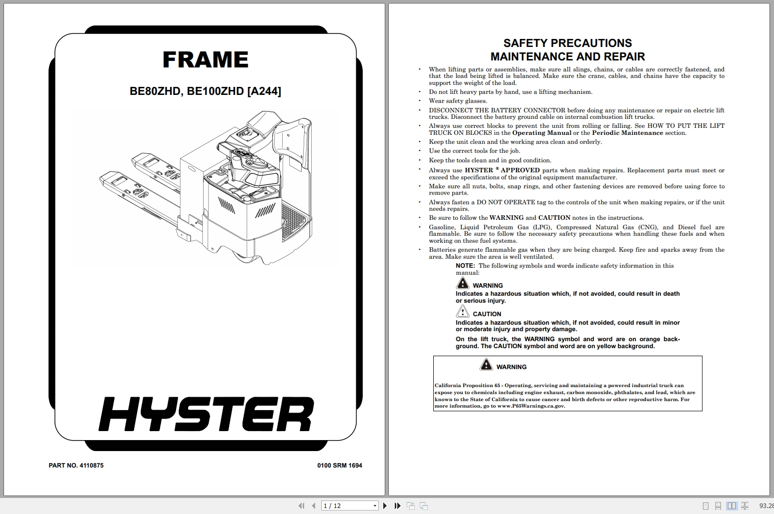 Hyster Forklift Truck BE80ZHD BE100ZHD A244 Service Manual 1