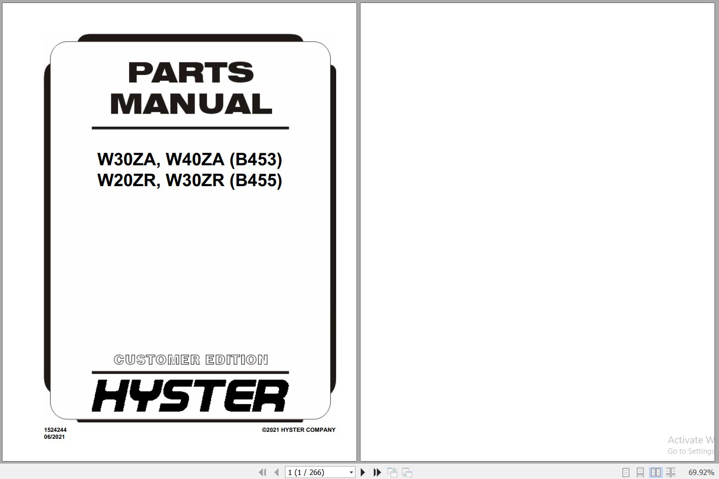 Hyster Forklift W30ZA W40ZA B453 W20ZR W30ZR B455 Parts Manual 1524244 2021 1