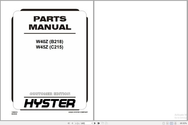 Hyster Forklift W40Z B218 W45Z C215 Parts Manual 1499818 2020 1
