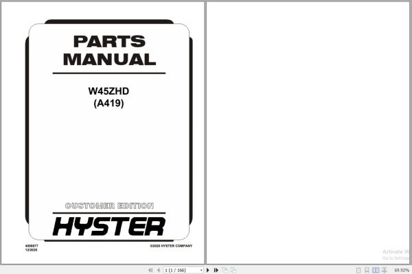 Hyster Forklift W45ZHD A419 Parts Manual 4099877 2020 1
