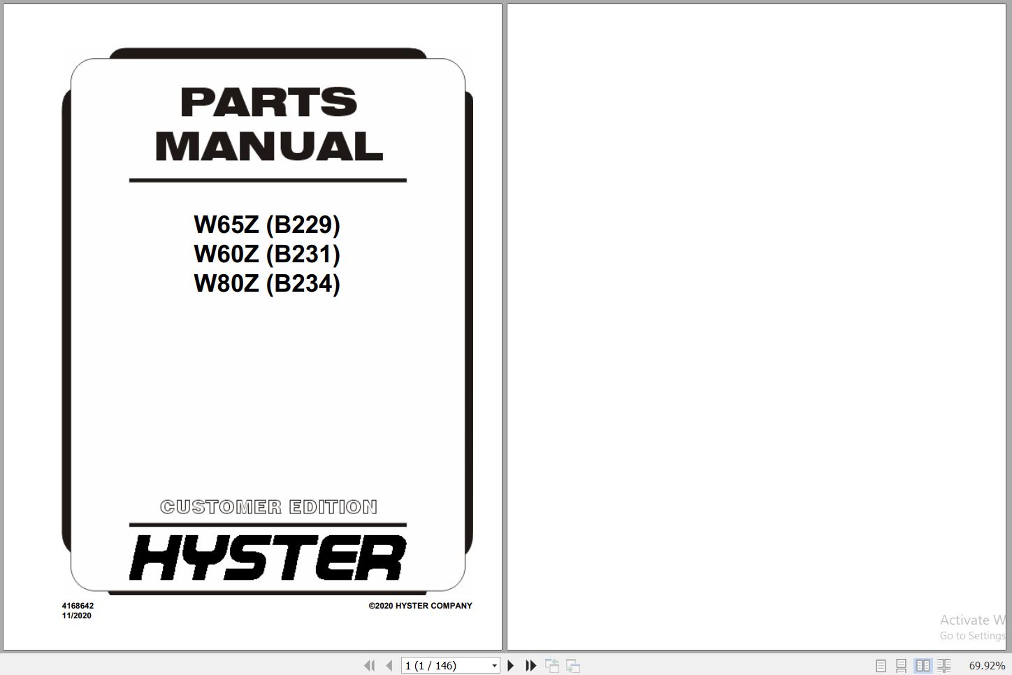 Hyster Forklift W65Z B229 W60Z B231 W80Z B234 Parts Manual 4168642 2020 1