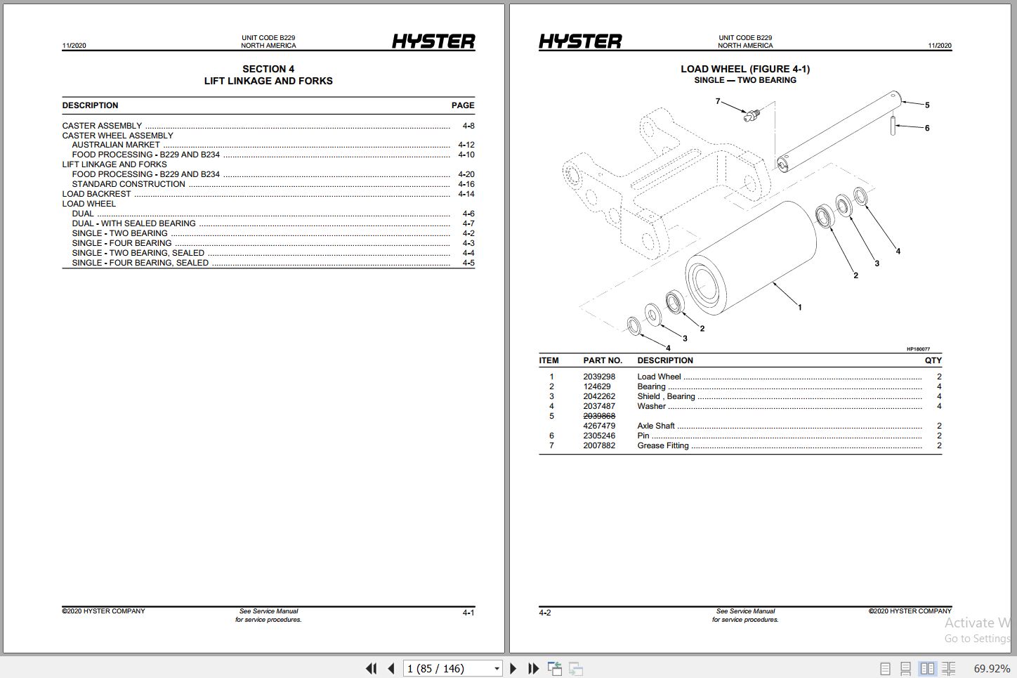 Hyster Forklift W65Z B229 W60Z B231 W80Z B234 Parts Manual 4168642 2020 2