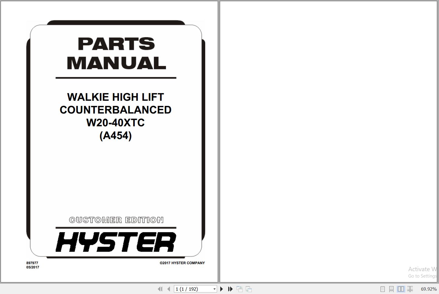 Hyster Forklift WALKIE HIGH LIFT COUNTERBALANCED W20 40XTC A454 Parts Manual 897977 2017 1
