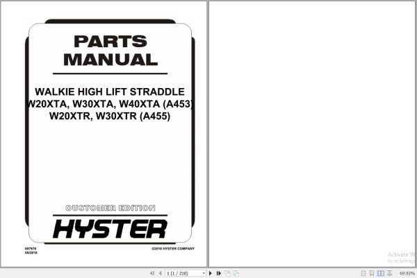 Hyster Forklift WALKIE HIGH LIFT STRADDLE W20XTA to W30XTR A455 Parts Manual 897976 2018 1