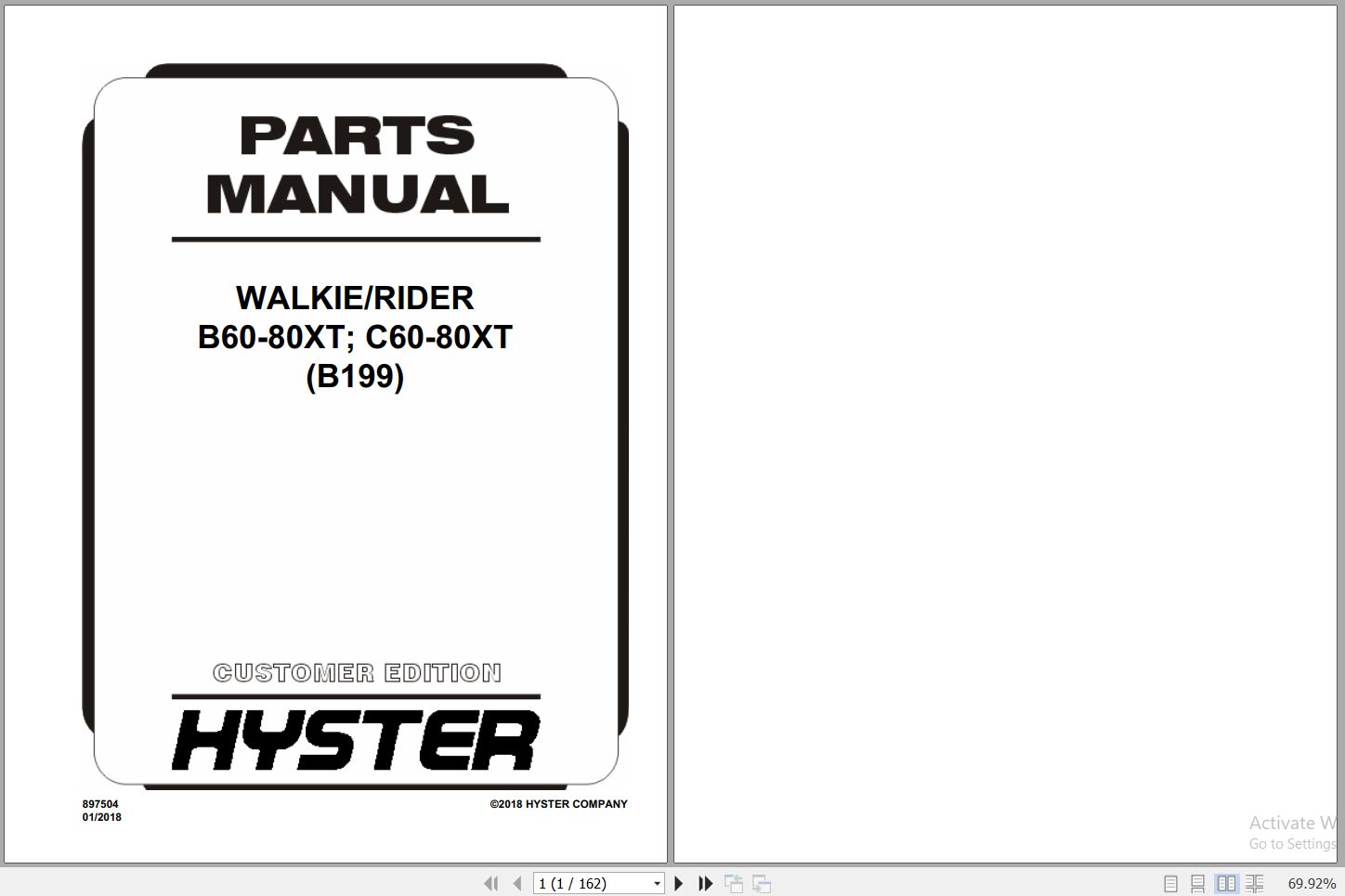 Hyster Forklift WALKIE RIDER B60 80XT C60 80XT B199 Parts Manual 897504 2018 1