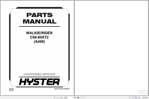 Hyster Forklift WALKIE RIDER C60 80XT2 A499 Parts Manual 2033476 2019 1