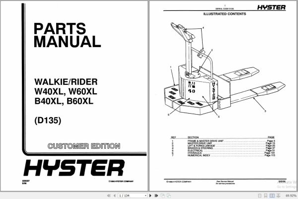 Hyster Forklift WALKIE RIDER W40XL W60XL B40XL B60XL D135 Parts Manual 599597 1996 1