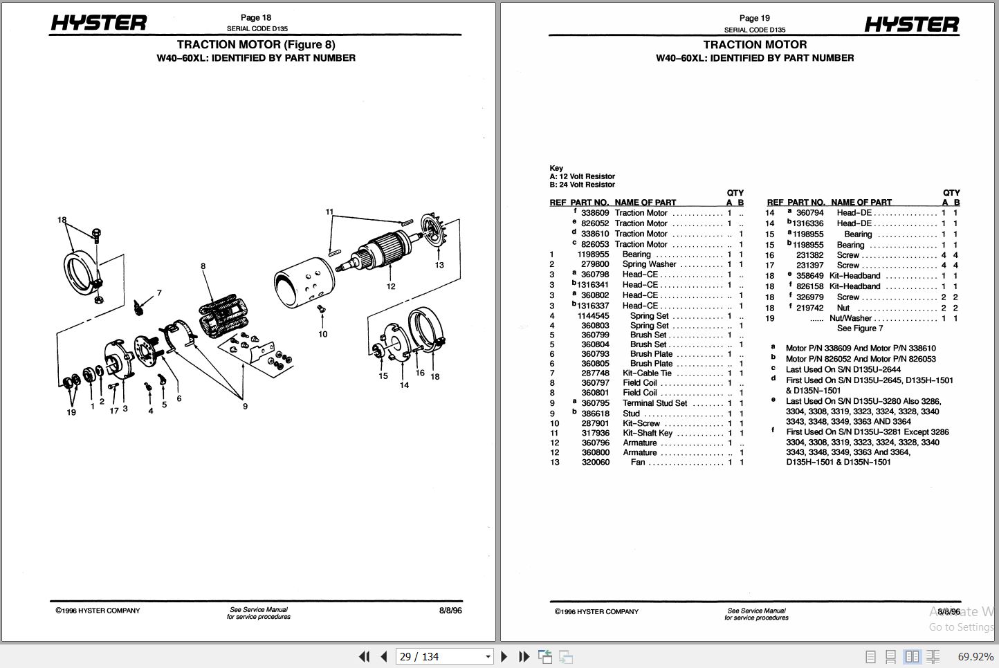 Hyster Forklift WALKIE RIDER W40XL W60XL B40XL B60XL D135 Parts Manual 599597 1996 2