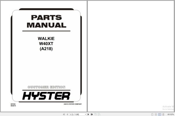 Hyster Forklift WALKIE W40XT A218 Parts Manual 897936 2015 1