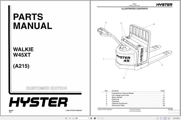 Hyster Forklift WALKIE W45XT A215 Parts Manual 897464 1998 1