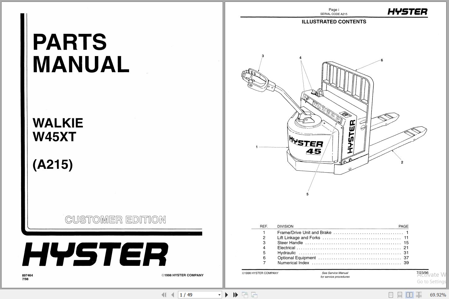 Hyster Forklift WALKIE W45XT A215 Parts Manual 897464 1998 1