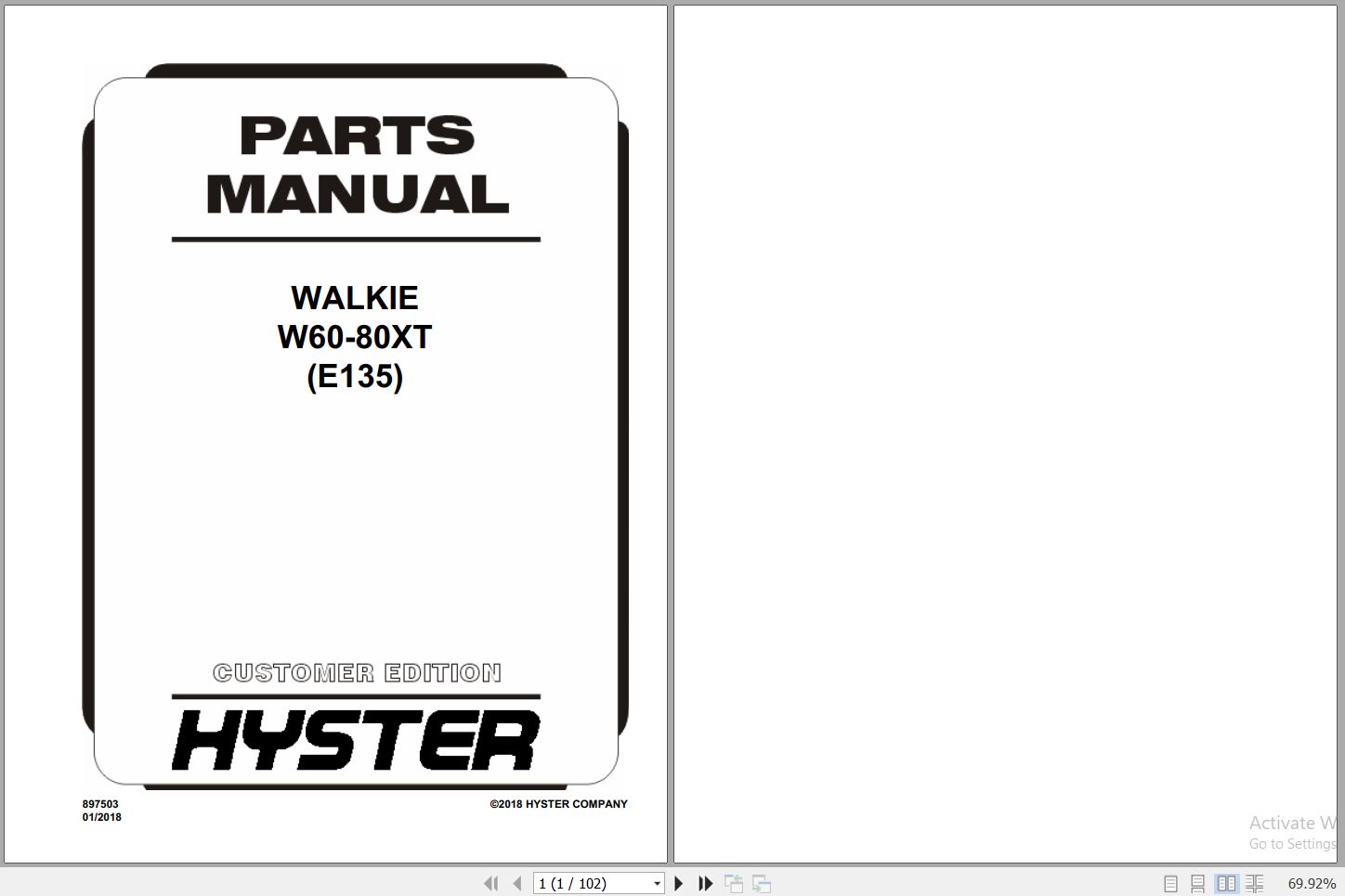 Hyster Forklift WALKIE W60 80XT E135 Parts Manual 897503 2018 1