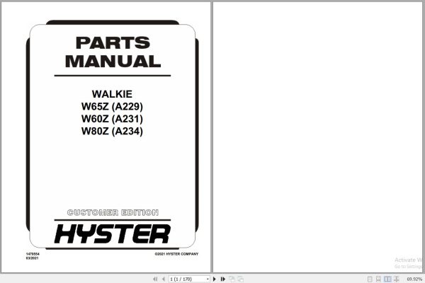 Hyster Forklift WALKIE W65Z A229 W60Z A231 W80Z A234 Parts Manual 1479554 2021 1
