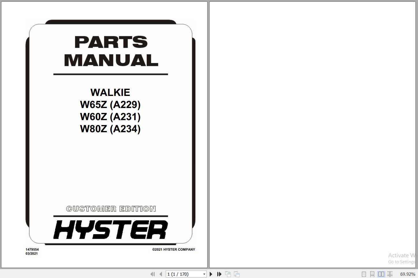 Hyster Forklift WALKIE W65Z A229 W60Z A231 W80Z A234 Parts Manual 1479554 2021 1