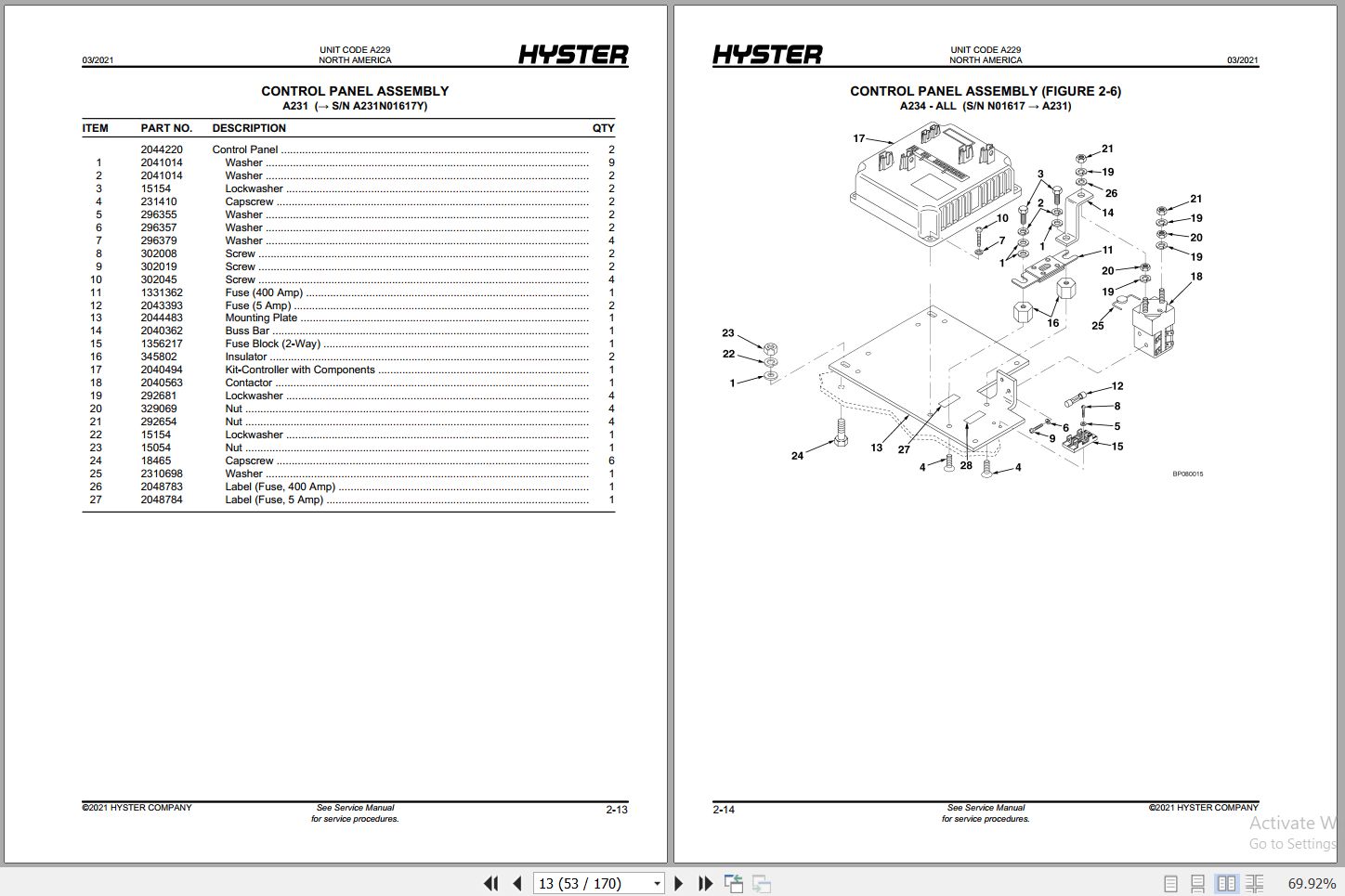 Hyster Forklift WALKIE W65Z A229 W60Z A231 W80Z A234 Parts Manual 1479554 2021 2