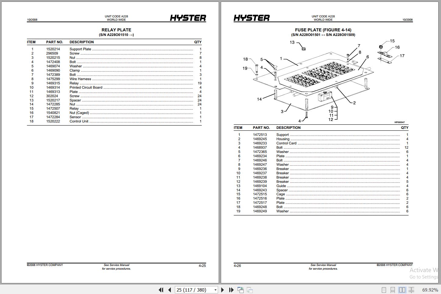 Hyster Forklift YARD MASTER HR45 48EC A228 Parts Manual 1472538 2008 2