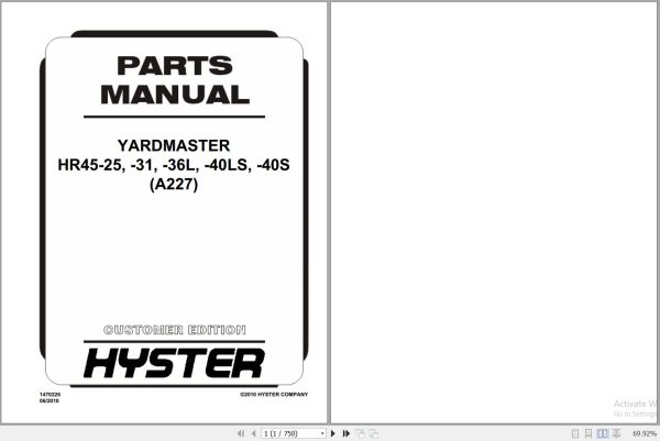 Hyster Forklift YARDMASTER HR45 25 to HR45 40S A227 Parts Manual 1470226 2010 1