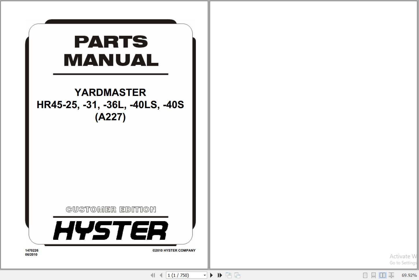 Hyster Forklift YARDMASTER HR45 25 to HR45 40S A227 Parts Manual 1470226 2010 1