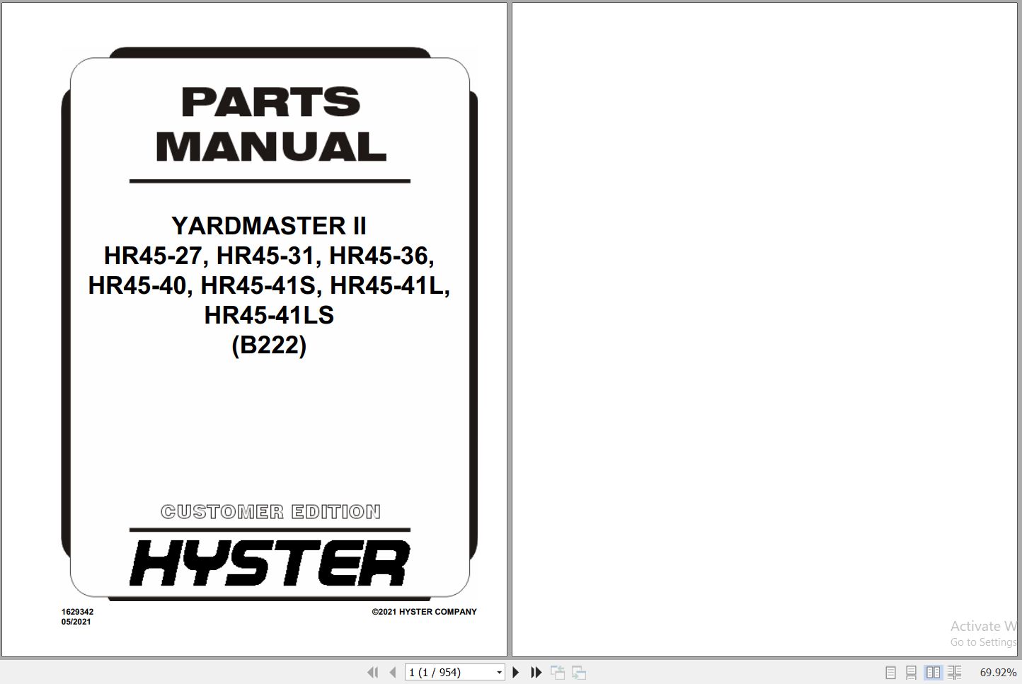 Hyster Forklift YARDMASTER II HR45 27 to HR45 41LS B222 Parts Manual 1629342 2021 1
