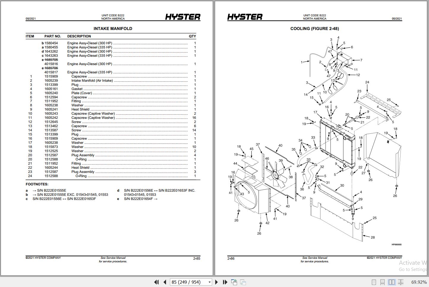 Hyster Forklift YARDMASTER II HR45 27 to HR45 41LS B222 Parts Manual 1629342 2021 2