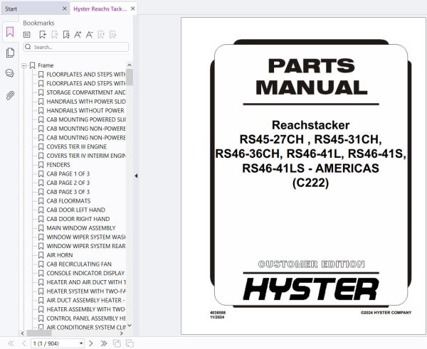 Hyster Reachs Tacker RS45 27CH to RS46 41LS C222 Parts Manual 4038588 2024 1
