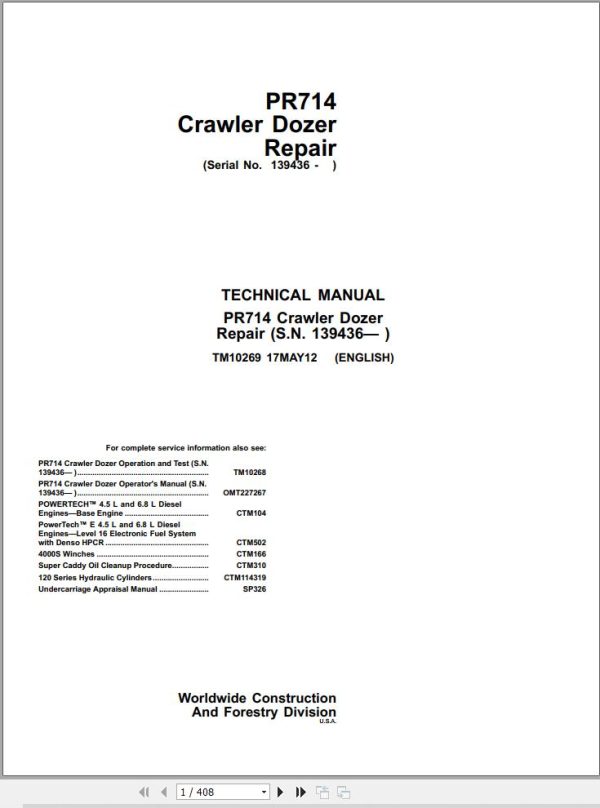 John Deere Crawler Dozer PR714 Technical Manual TM10269 1