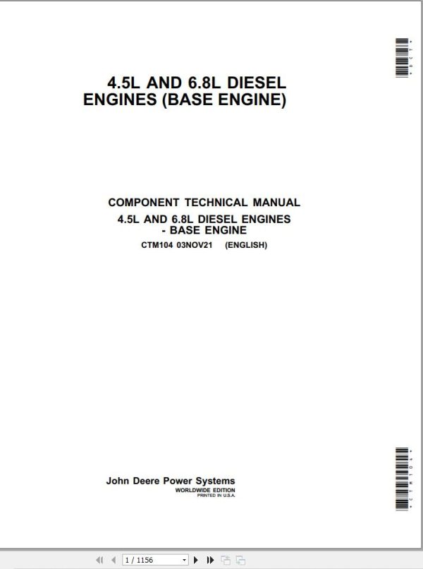 John Deere Diesel Engine 4.5L 6.8L Component Technical Manual CTM104 2021 1