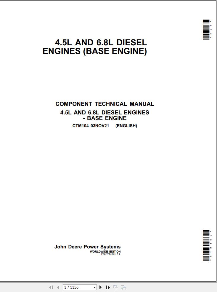 John Deere Diesel Engine 4.5L 6.8L Component Technical Manual CTM104 2021 1