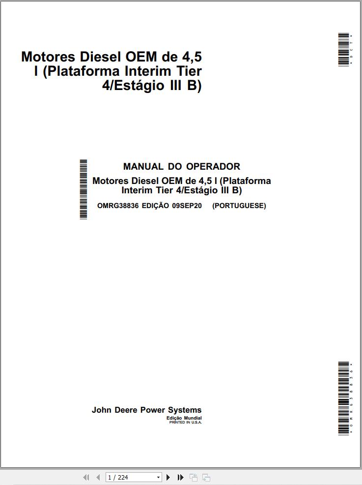 John Deere Diesel Engine 4.5L Operators Manual OMRG38836 PT 1