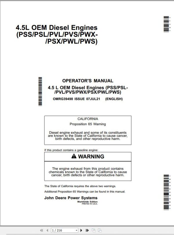 John Deere Diesel Engine 4.5L PSS to 4.5L PWS Operators Manual OMRG39498 1
