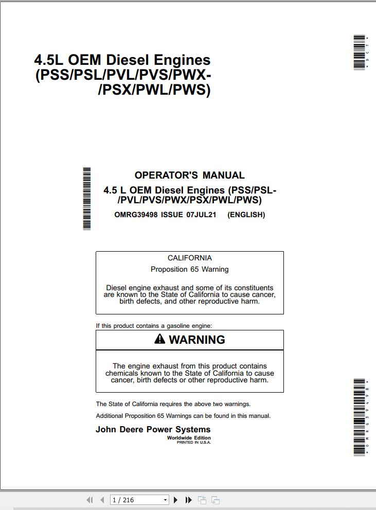 John Deere Diesel Engine 4.5L PSS to 4.5L PWS Operators Manual OMRG39498 1