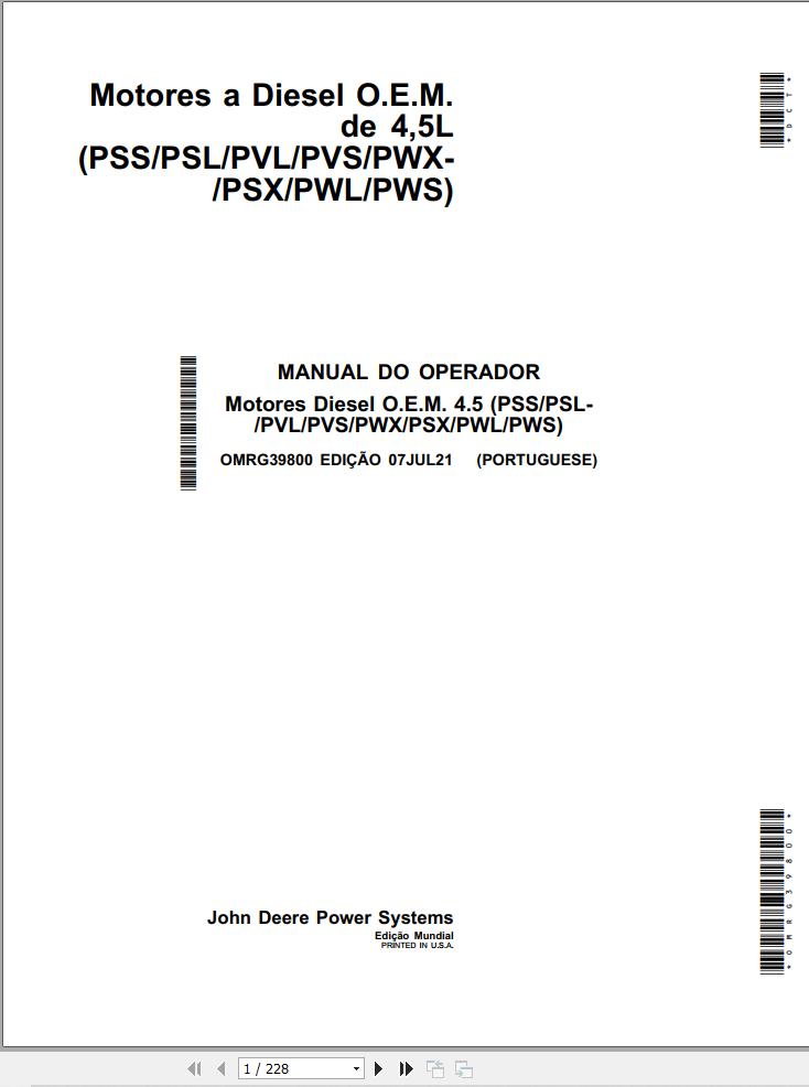 John Deere Diesel Engine 4.5L PSS to 4.5L PWS Operators Manual OMRG39800 PT 1