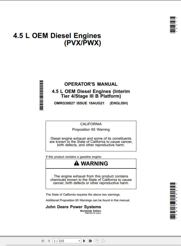 John Deere Diesel Engine 4.5L PVX 4.5L PWX Operators Manual OMRG38827 1