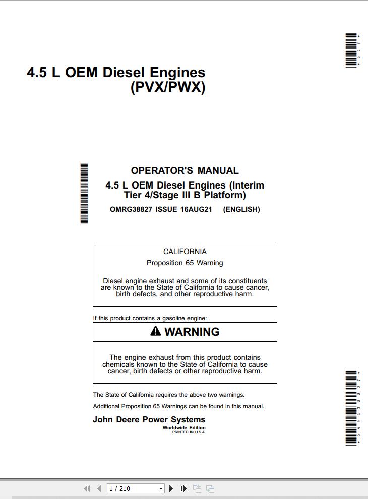 John Deere Diesel Engine 4.5L PVX 4.5L PWX Operators Manual OMRG38827 1