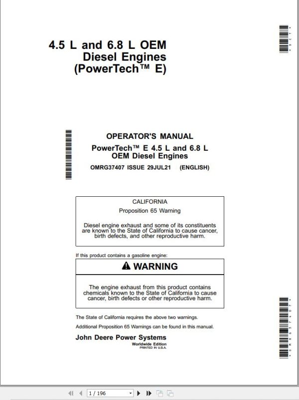 John Deere Engine 4.5L 6.8L PowerTech E Operation Manual And Diagram OMRG37407 1