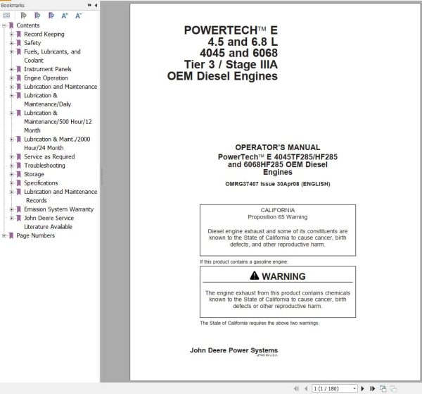 John Deere Engine 4.5L 6.8L PowerTech E Operator Manual OMRG37407 1
