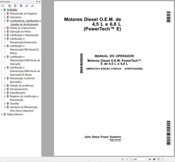 John Deere Engine 4.5L 6.8L PowerTech E Operators Manual And Diagram OMRG37414 PT 1