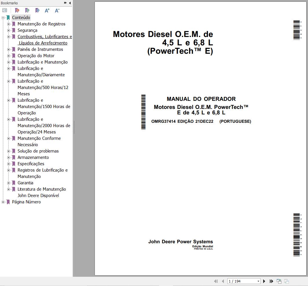 John Deere Engine 4.5L 6.8L PowerTech E Operators Manual And Diagram OMRG37414 PT 1