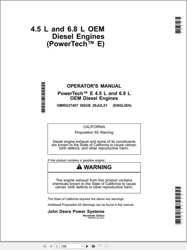 John Deere Engine 4.5L 6.8L PowerTech E Operators Manual OMRG37407 2021 1