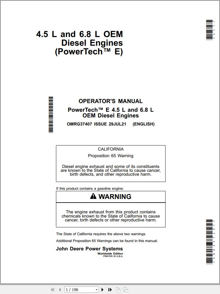 John Deere Engine 4.5L 6.8L PowerTech E Operators Manual OMRG37407 2021 1